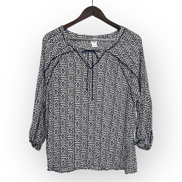 John Robshaw x Lucky Brand batik top, geometric pattern blue and white, sz M - Picture 3 of 14